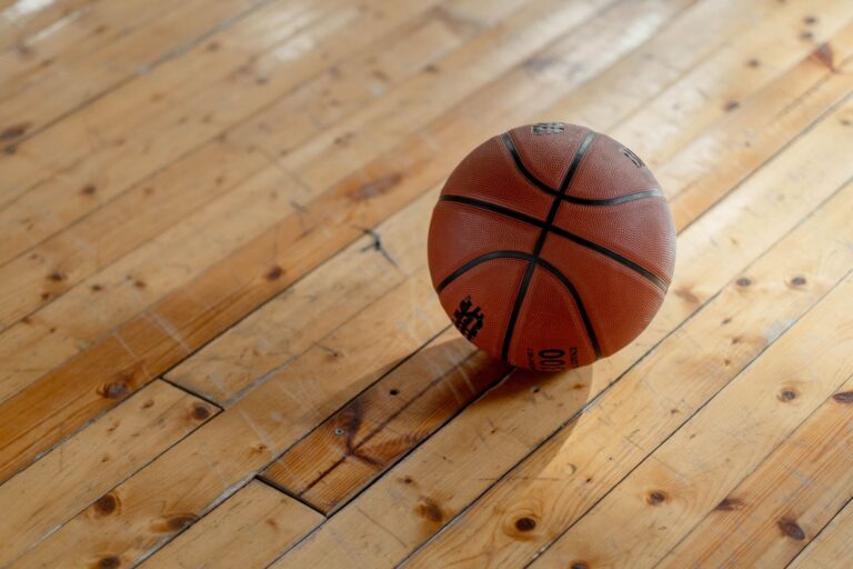A single basketball resting on a polished wooden gym floor, casting a shadow.